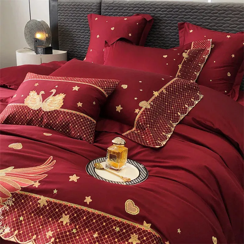 Flytonn-Gold Swan Love Embroidery Wedding Bedding Set, Egyptian Cotton Duvet Cover Set, Bed Sheet, Pillowcases, 1000TC, 4 Pcs, 6Pcs