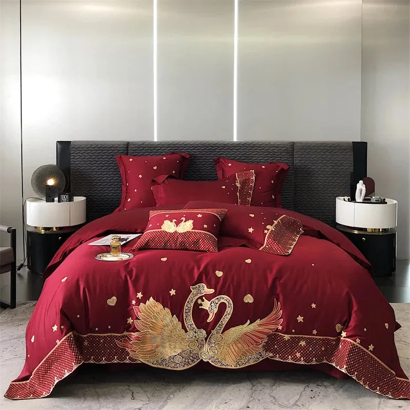 Flytonn-Gold Swan Love Embroidery Wedding Bedding Set, Egyptian Cotton Duvet Cover Set, Bed Sheet, Pillowcases, 1000TC, 4 Pcs, 6Pcs