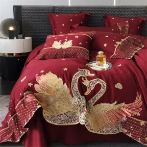 Flytonn-Gold Swan Love Embroidery Wedding Bedding Set, Egyptian Cotton Duvet Cover Set, Bed Sheet, Pillowcases, 1000TC, 4 Pcs, 6Pcs