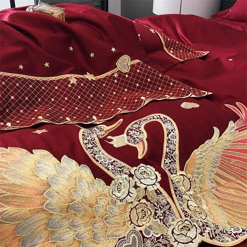 Flytonn-Gold Swan Love Embroidery Wedding Bedding Set, Egyptian Cotton Duvet Cover Set, Bed Sheet, Pillowcases, 1000TC, 4 Pcs, 6Pcs