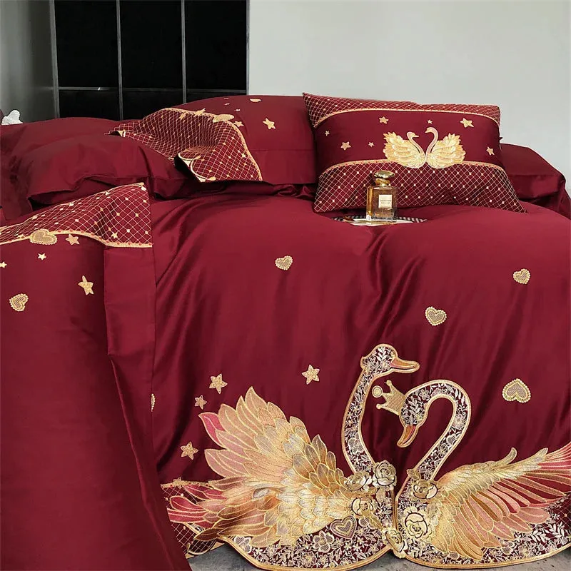 Flytonn-Gold Swan Love Embroidery Wedding Bedding Set, Egyptian Cotton Duvet Cover Set, Bed Sheet, Pillowcases, 1000TC, 4 Pcs, 6Pcs