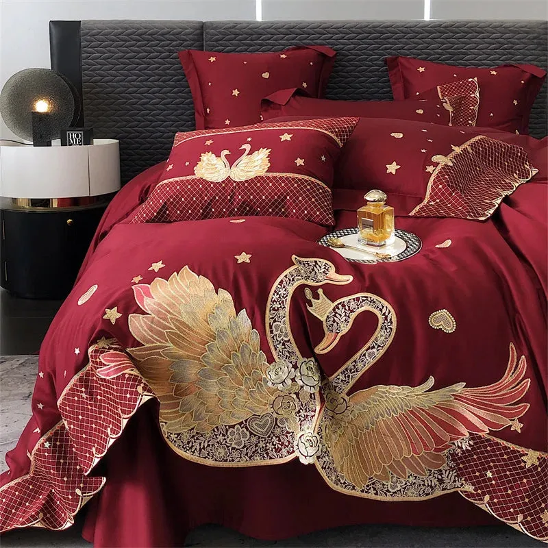 Flytonn-Gold Swan Love Embroidery Wedding Bedding Set, Egyptian Cotton Duvet Cover Set, Bed Sheet, Pillowcases, 1000TC, 4 Pcs, 6Pcs