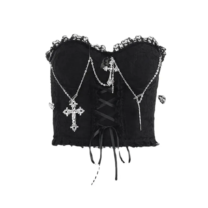 Flytonn-Halloween Outfits Halloween Gifts Gothic Style Emo Gothic Cross Chain Crop Tube Top Women's Sexy Harajuku Ruched Lace Trim Strapless E Girl Hippie Party Grunge Tops