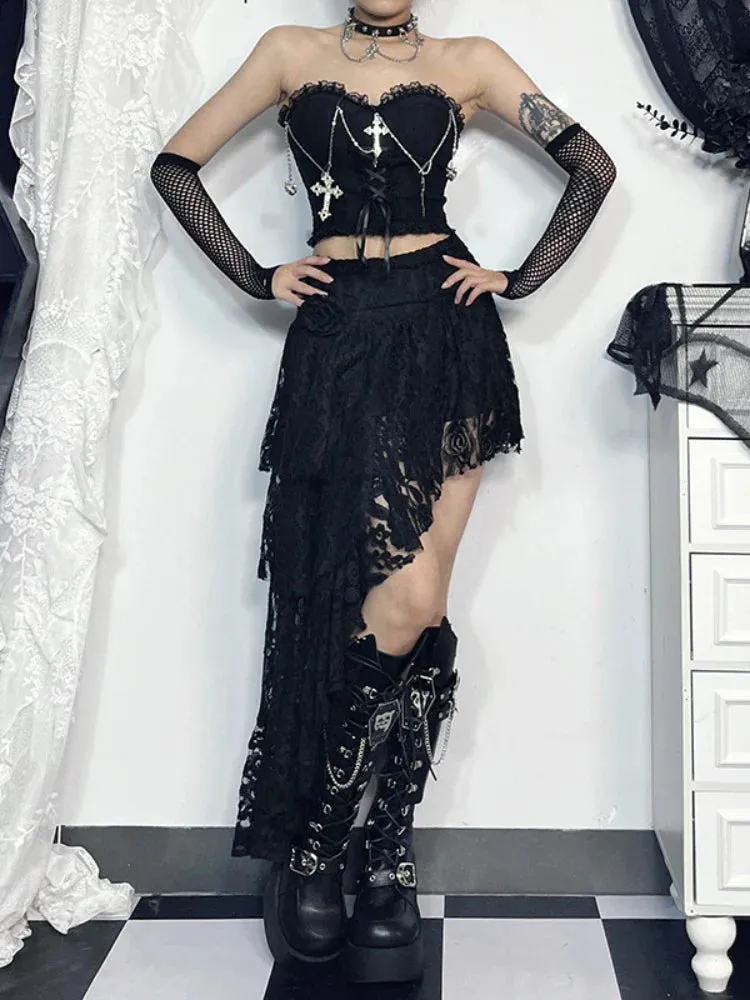 Flytonn-Halloween Outfits Halloween Gifts Gothic Style Emo Gothic Cross Chain Crop Tube Top Women's Sexy Harajuku Ruched Lace Trim Strapless E Girl Hippie Party Grunge Tops