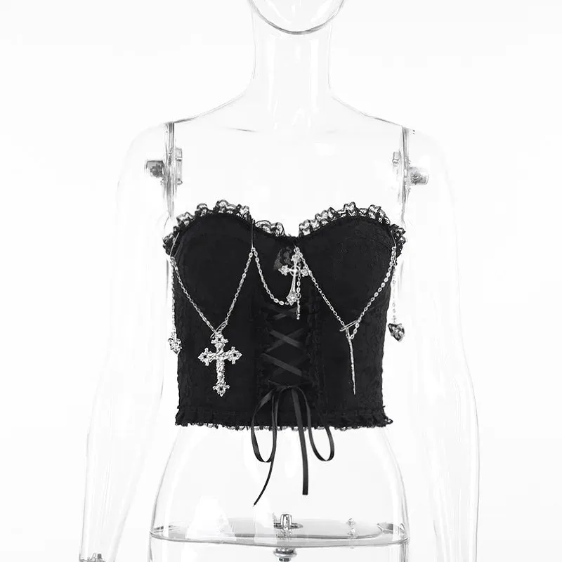 Flytonn-Halloween Outfits Halloween Gifts Gothic Style Emo Gothic Cross Chain Crop Tube Top Women's Sexy Harajuku Ruched Lace Trim Strapless E Girl Hippie Party Grunge Tops