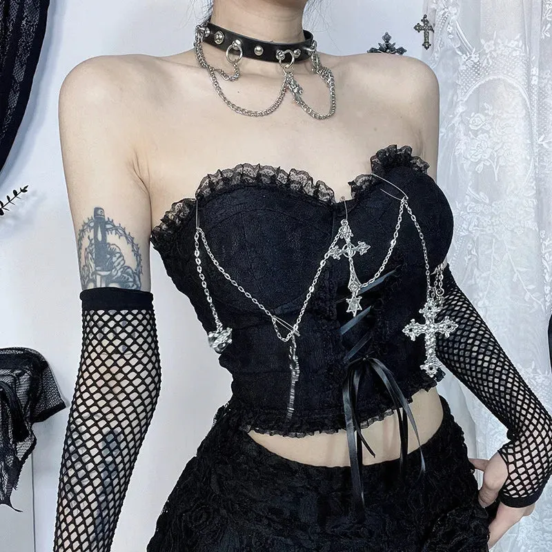 Flytonn-Halloween Outfits Halloween Gifts Gothic Style Emo Gothic Cross Chain Crop Tube Top Women's Sexy Harajuku Ruched Lace Trim Strapless E Girl Hippie Party Grunge Tops