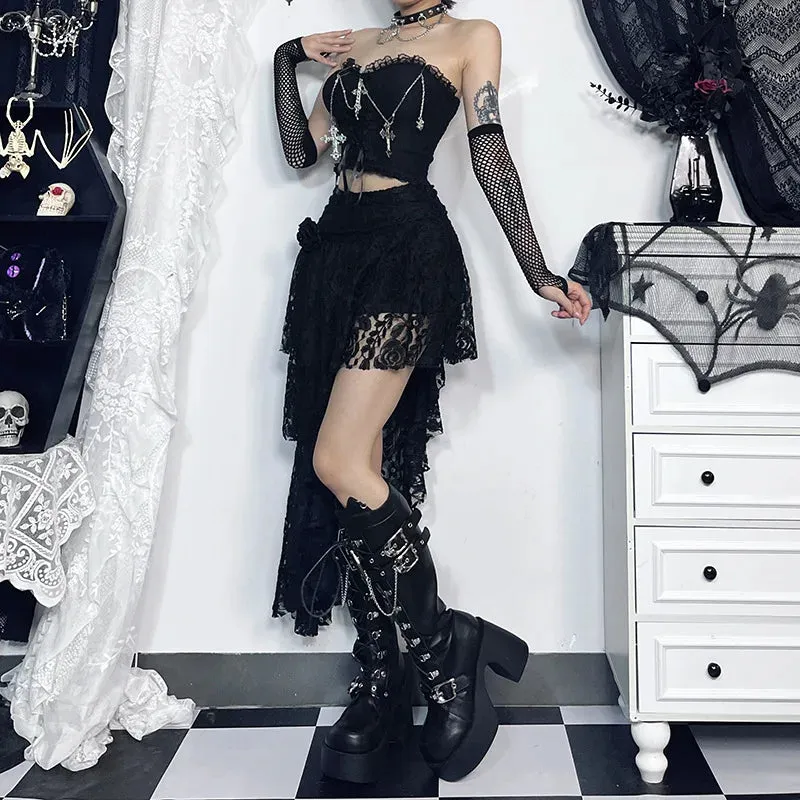 Flytonn-Halloween Outfits Halloween Gifts Gothic Style Emo Gothic Cross Chain Crop Tube Top Women's Sexy Harajuku Ruched Lace Trim Strapless E Girl Hippie Party Grunge Tops