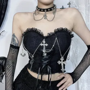 Flytonn-Halloween Outfits Halloween Gifts Gothic Style Emo Gothic Cross Chain Crop Tube Top Women's Sexy Harajuku Ruched Lace Trim Strapless E Girl Hippie Party Grunge Tops