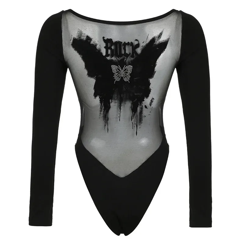 Flytonn-Halloween Outfits Halloween Gifts Gothic Style Mesh Backless Butterfly Print Y2k Bodysuits Mall Gothic V-neck Ruched Bodycon T-shirts Long Sleeve Women Sexy Bodysuit
