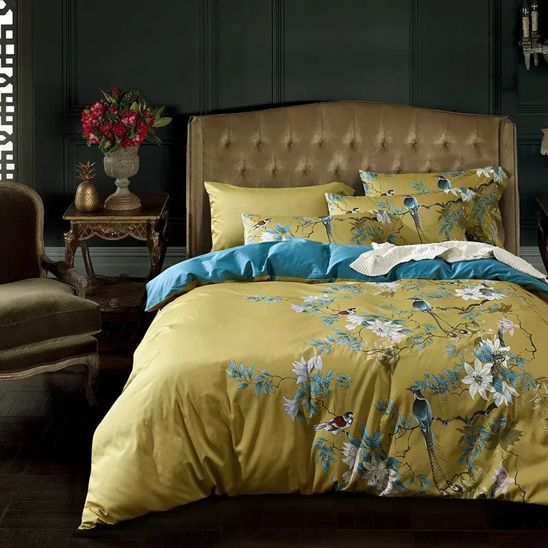 Flytonn-Luxury 600TC Egyptian Cotton Bedding Set, Bird Plant Flowers, Digital Printing, Duvet Cover, Bed Linen, Fitted Sheet, Pillowcase