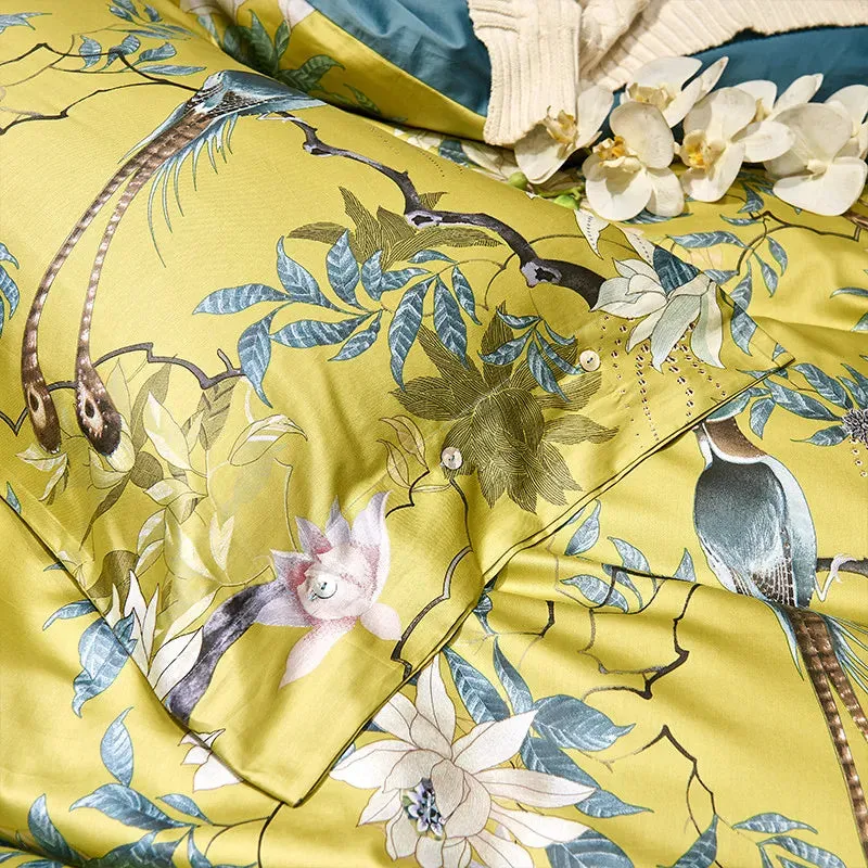 Flytonn-Luxury 600TC Egyptian Cotton Bedding Set, Bird Plant Flowers, Digital Printing, Duvet Cover, Bed Linen, Fitted Sheet, Pillowcase