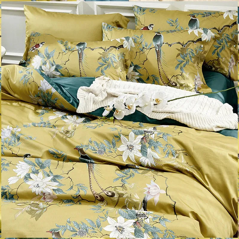 Flytonn-Luxury 600TC Egyptian Cotton Bedding Set, Bird Plant Flowers, Digital Printing, Duvet Cover, Bed Linen, Fitted Sheet, Pillowcase