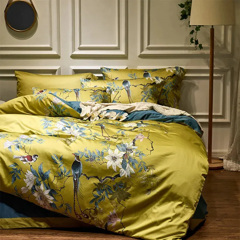 Flytonn-Luxury 600TC Egyptian Cotton Bedding Set, Bird Plant Flowers, Digital Printing, Duvet Cover, Bed Linen, Fitted Sheet, Pillowcase