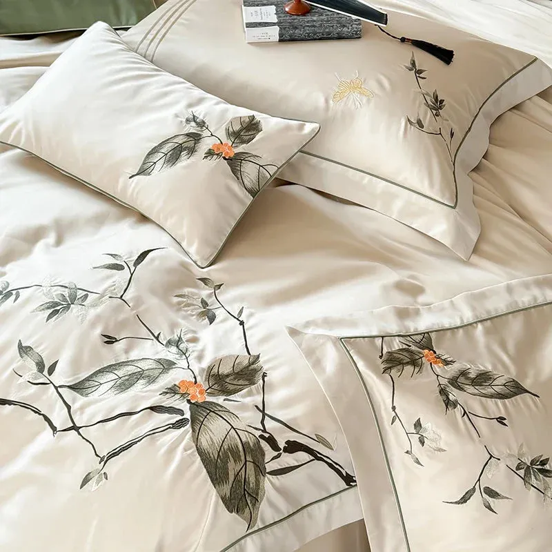 Flytonn-New Chinese Embroidery Luxury Bedding Set Lyocell Cotton Soft Silky Breathable Duvet Cover Bed Sheet Fitted Sheet Pillowcases