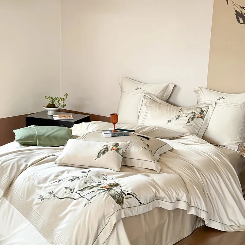 Flytonn-New Chinese Embroidery Luxury Bedding Set Lyocell Cotton Soft Silky Breathable Duvet Cover Bed Sheet Fitted Sheet Pillowcases