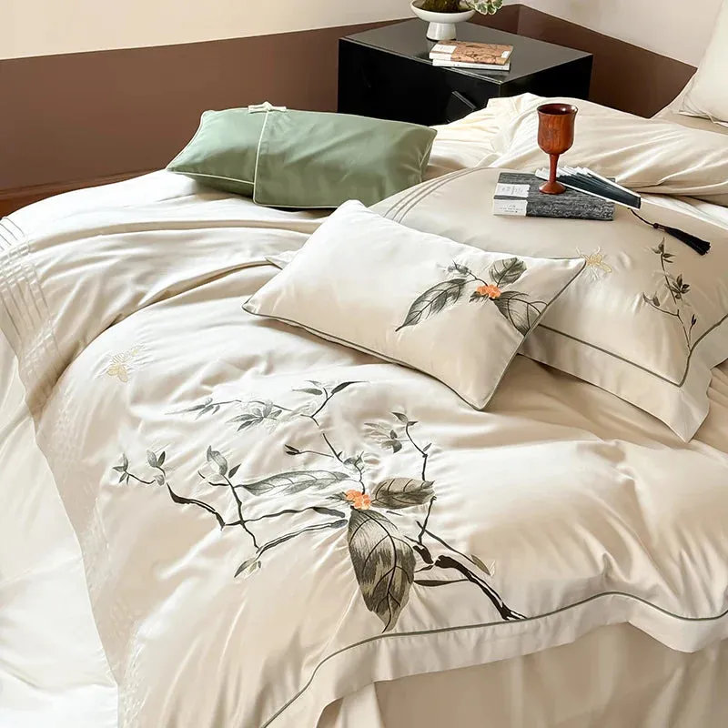 Flytonn-New Chinese Embroidery Luxury Bedding Set Lyocell Cotton Soft Silky Breathable Duvet Cover Bed Sheet Fitted Sheet Pillowcases