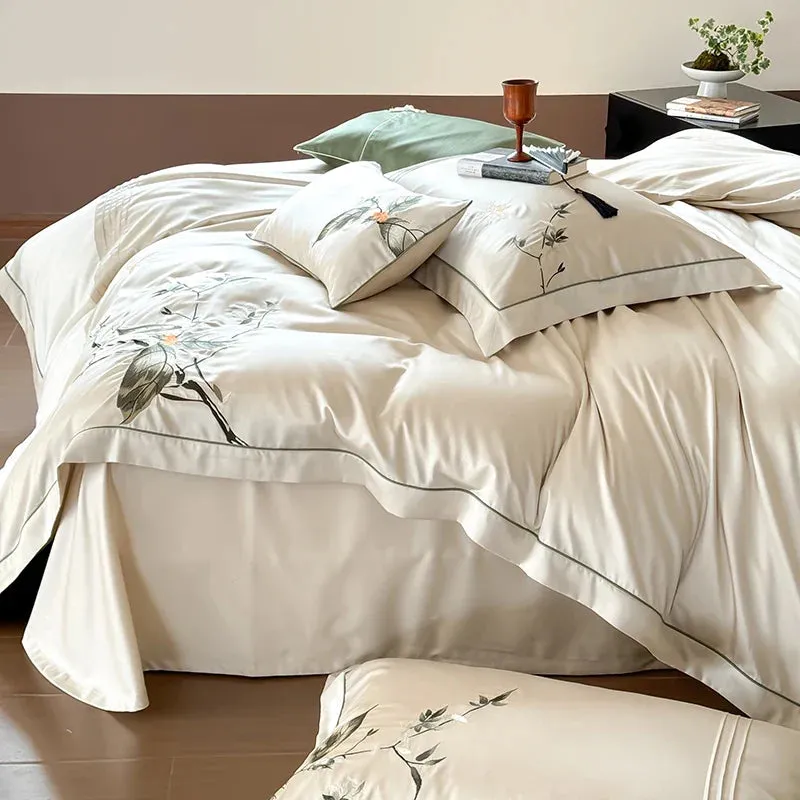 Flytonn-New Chinese Embroidery Luxury Bedding Set Lyocell Cotton Soft Silky Breathable Duvet Cover Bed Sheet Fitted Sheet Pillowcases