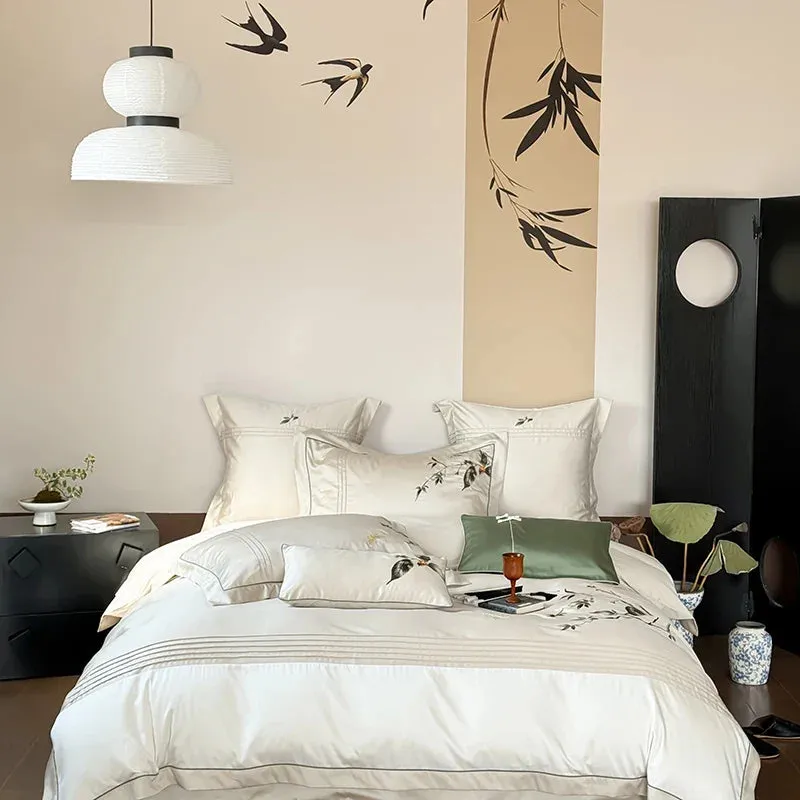 Flytonn-New Chinese Embroidery Luxury Bedding Set Lyocell Cotton Soft Silky Breathable Duvet Cover Bed Sheet Fitted Sheet Pillowcases