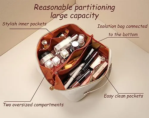 Fogude Travel Cosmetic Bag, Waterproof Toiletry Bag, Travel Cosmetic Organizer, Women's Portable Cosmetic Bag with Carrying Handle (White)