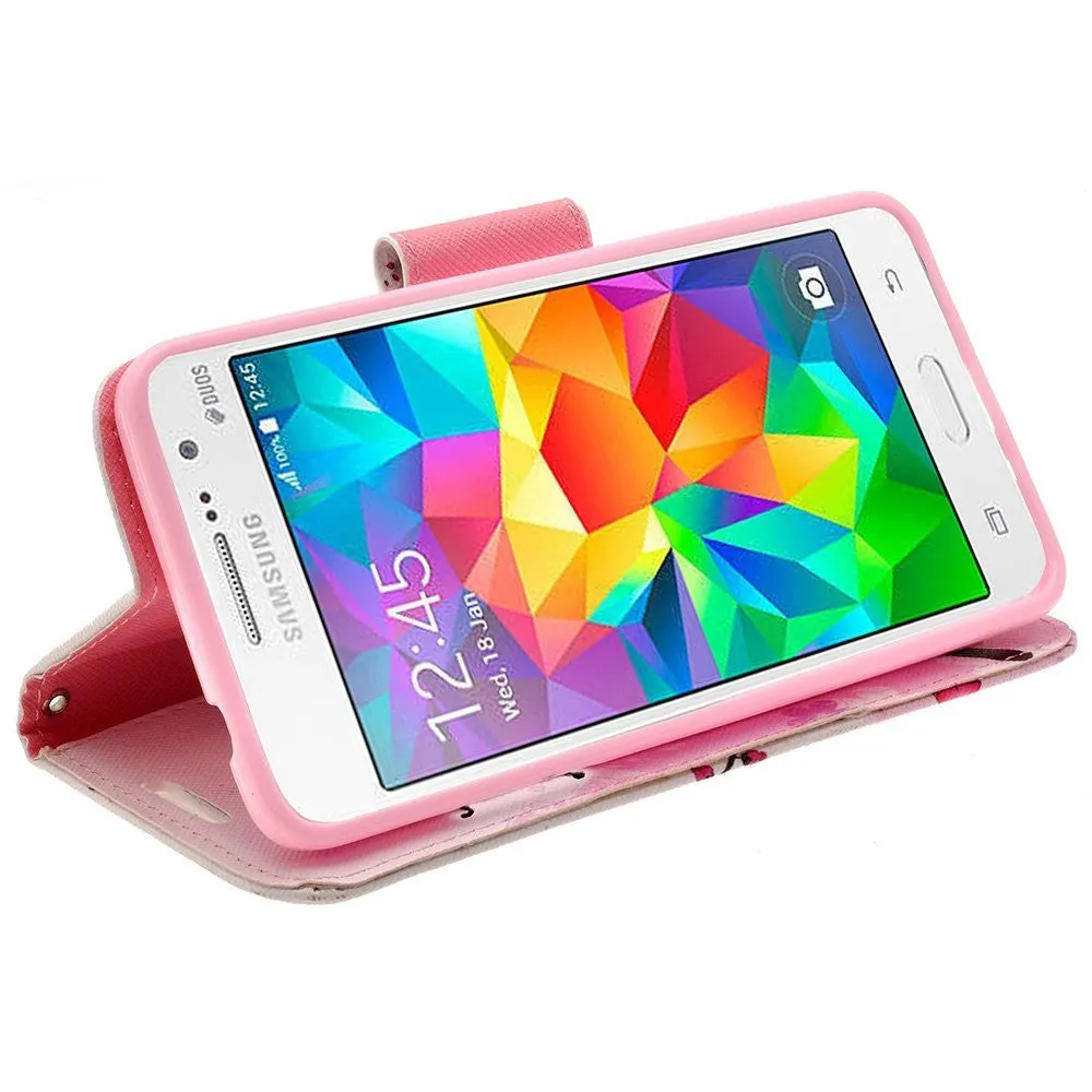 Galaxy Go Prime Case / Grand Prime Wallet Case, Wrist Strap Magnetic Flip Fold[Kickstand] Pu Leather Wallet Case with ID & Credit Card Slot - Cherry Blossom