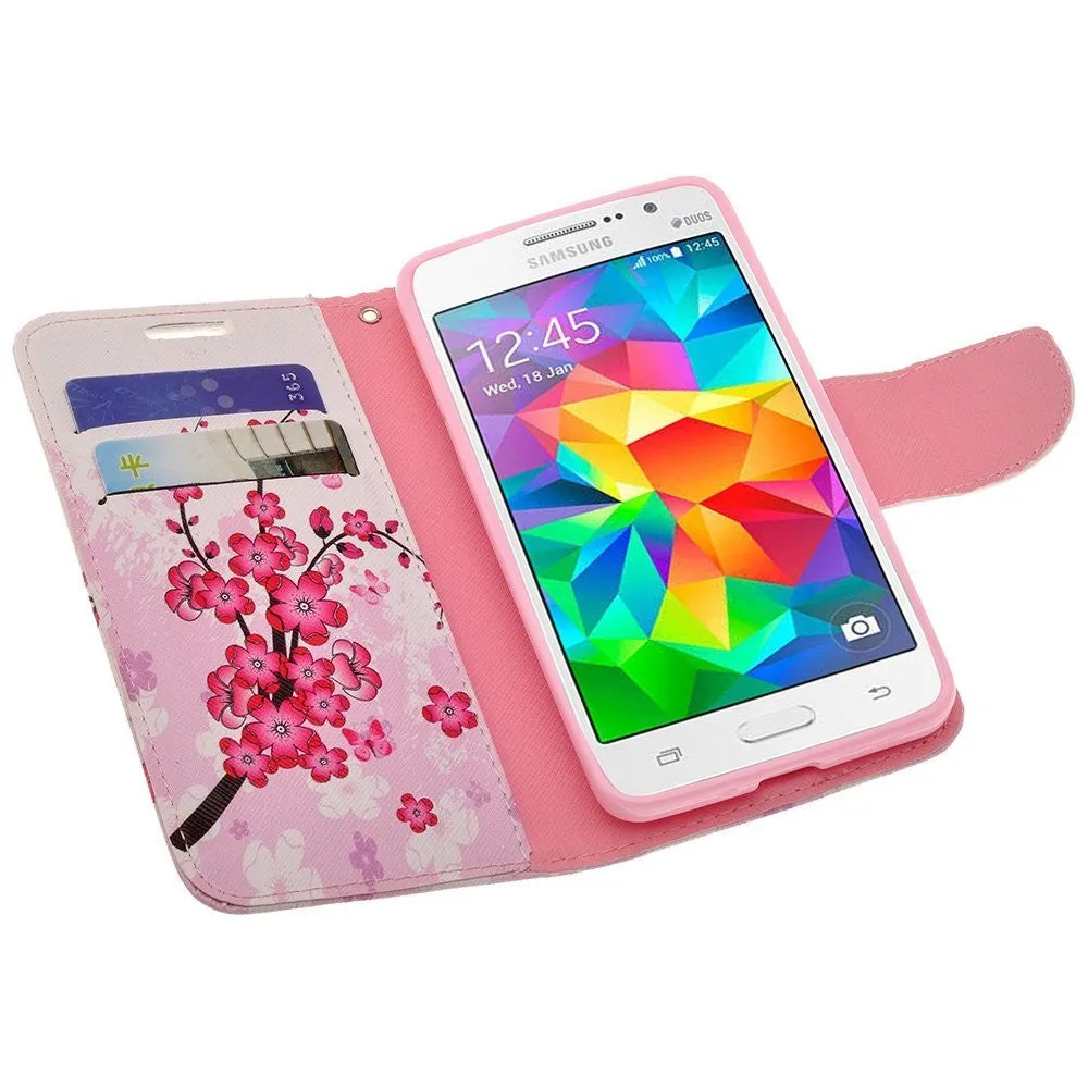 Galaxy Go Prime Case / Grand Prime Wallet Case, Wrist Strap Magnetic Flip Fold[Kickstand] Pu Leather Wallet Case with ID & Credit Card Slot - Cherry Blossom