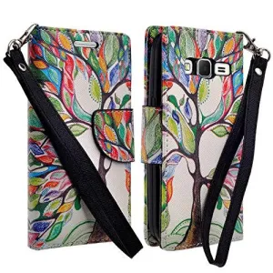 Galaxy Go Prime Case / Grand Prime Wallet Case, Wrist Strap Magnetic Flip Fold[Kickstand] Pu Leather Wallet Case with ID & Credit Card Slot - Colorful Tree