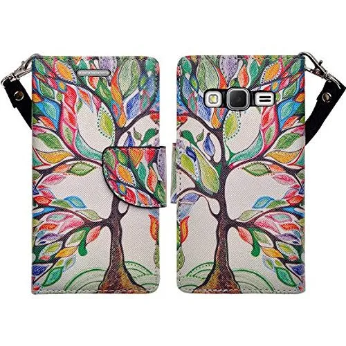Galaxy Go Prime Case / Grand Prime Wallet Case, Wrist Strap Magnetic Flip Fold[Kickstand] Pu Leather Wallet Case with ID & Credit Card Slot - Colorful Tree