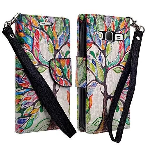 Galaxy Go Prime Case / Grand Prime Wallet Case, Wrist Strap Magnetic Flip Fold[Kickstand] Pu Leather Wallet Case with ID & Credit Card Slot - Colorful Tree