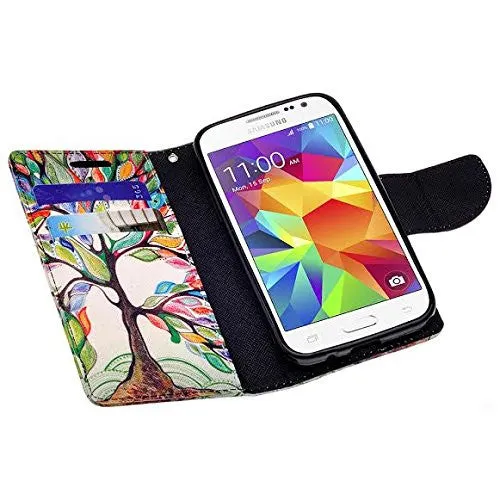 Galaxy Go Prime Case / Grand Prime Wallet Case, Wrist Strap Magnetic Flip Fold[Kickstand] Pu Leather Wallet Case with ID & Credit Card Slot - Colorful Tree