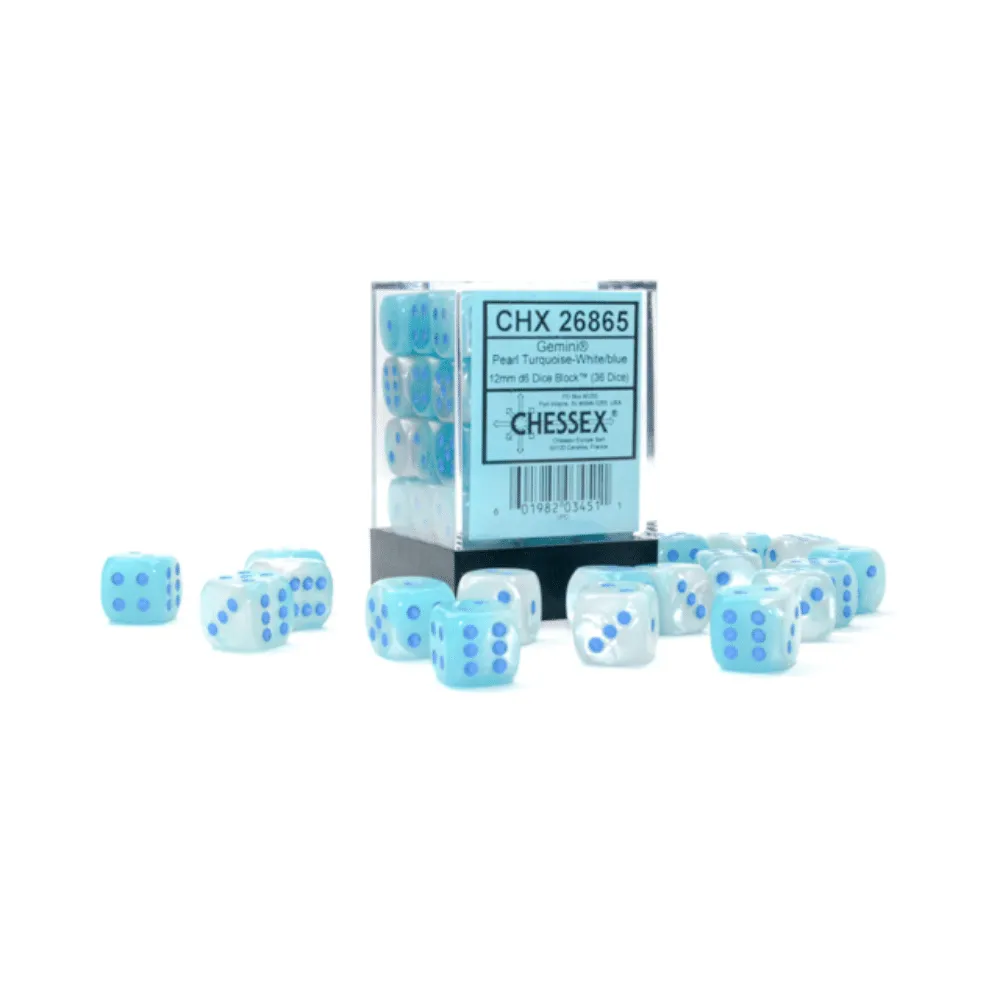 Gemini 12mm d6 Pearl Turquoise-White/blue Luminary Dice Block (36 dice)