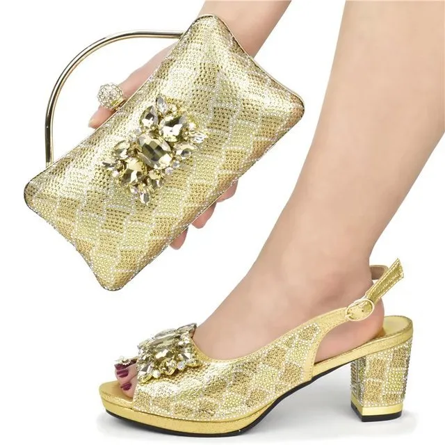 GIYU Gorgeous Peep Toe Slingback Mid Chunky Heel Shoes with Matching Bag