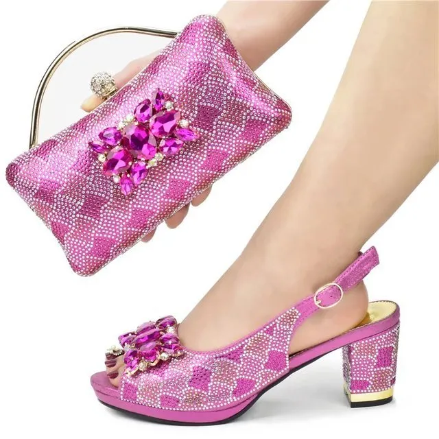 GIYU Gorgeous Peep Toe Slingback Mid Chunky Heel Shoes with Matching Bag