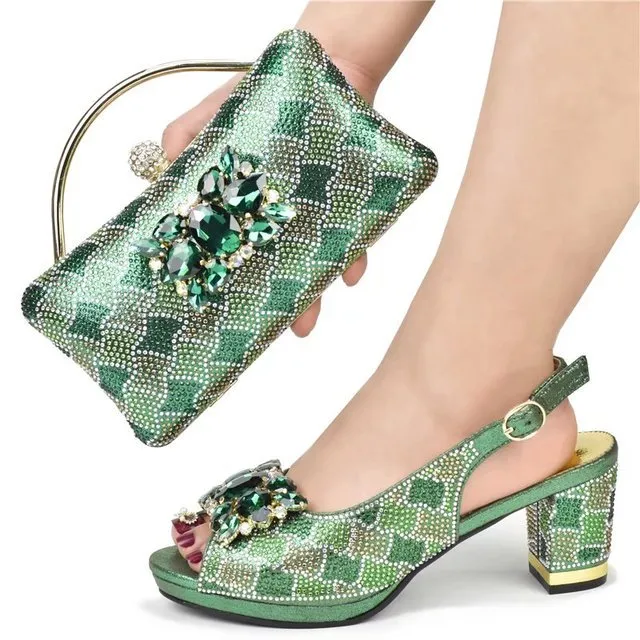 GIYU Gorgeous Peep Toe Slingback Mid Chunky Heel Shoes with Matching Bag