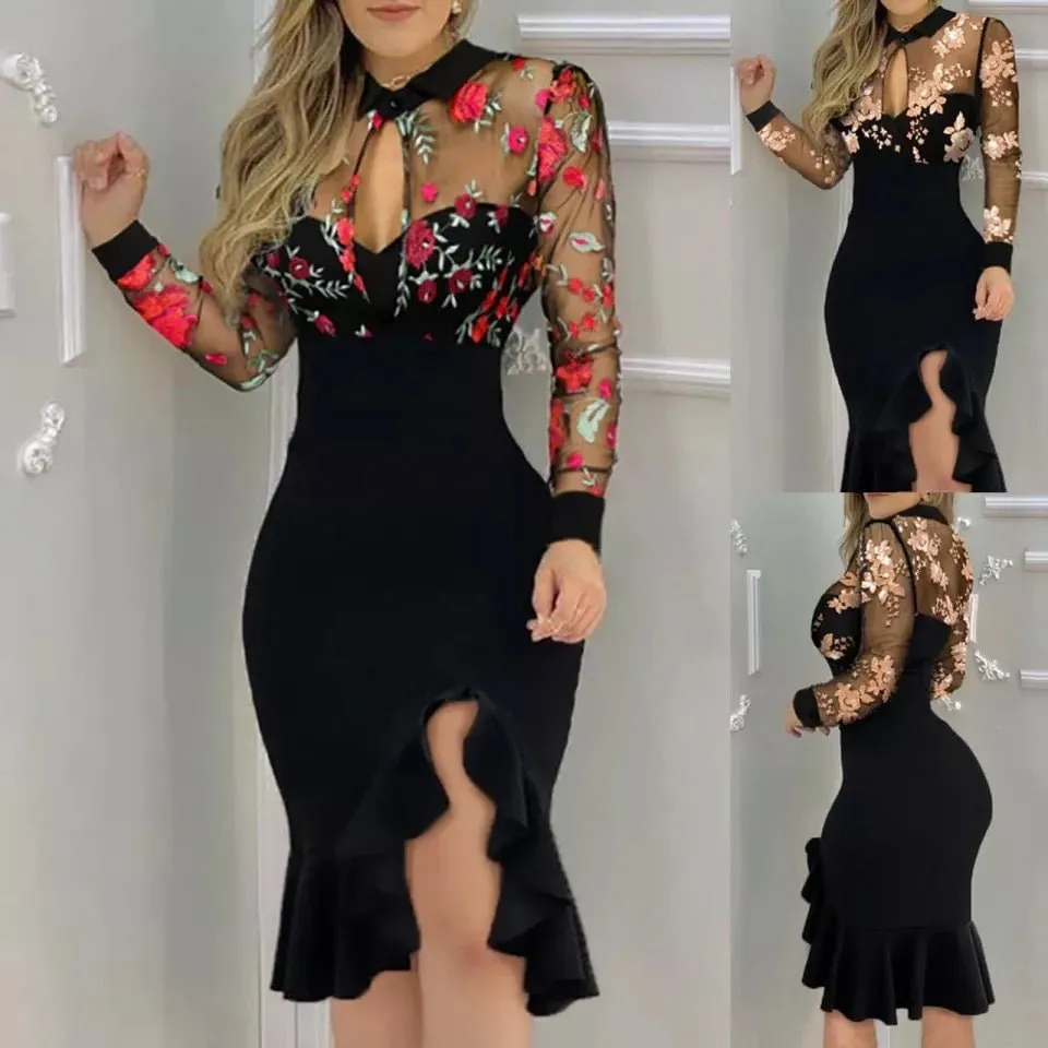 Gorgeous Ruffle Hem Lace Detail Dress