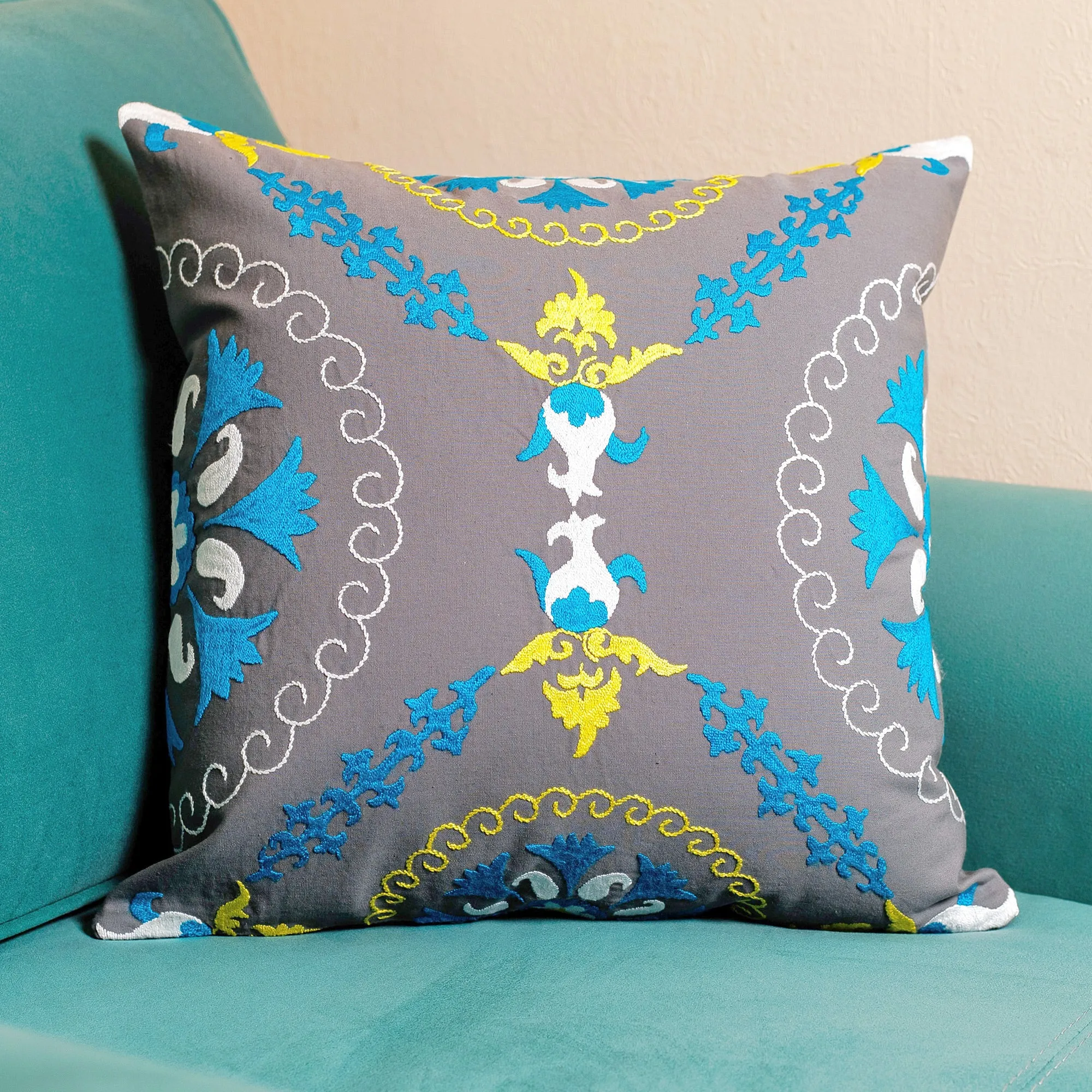 Hand-Embroidered Suzani Cotton Pomegranate Cushion Cover - Pomegranate on Grey | NOVICA
