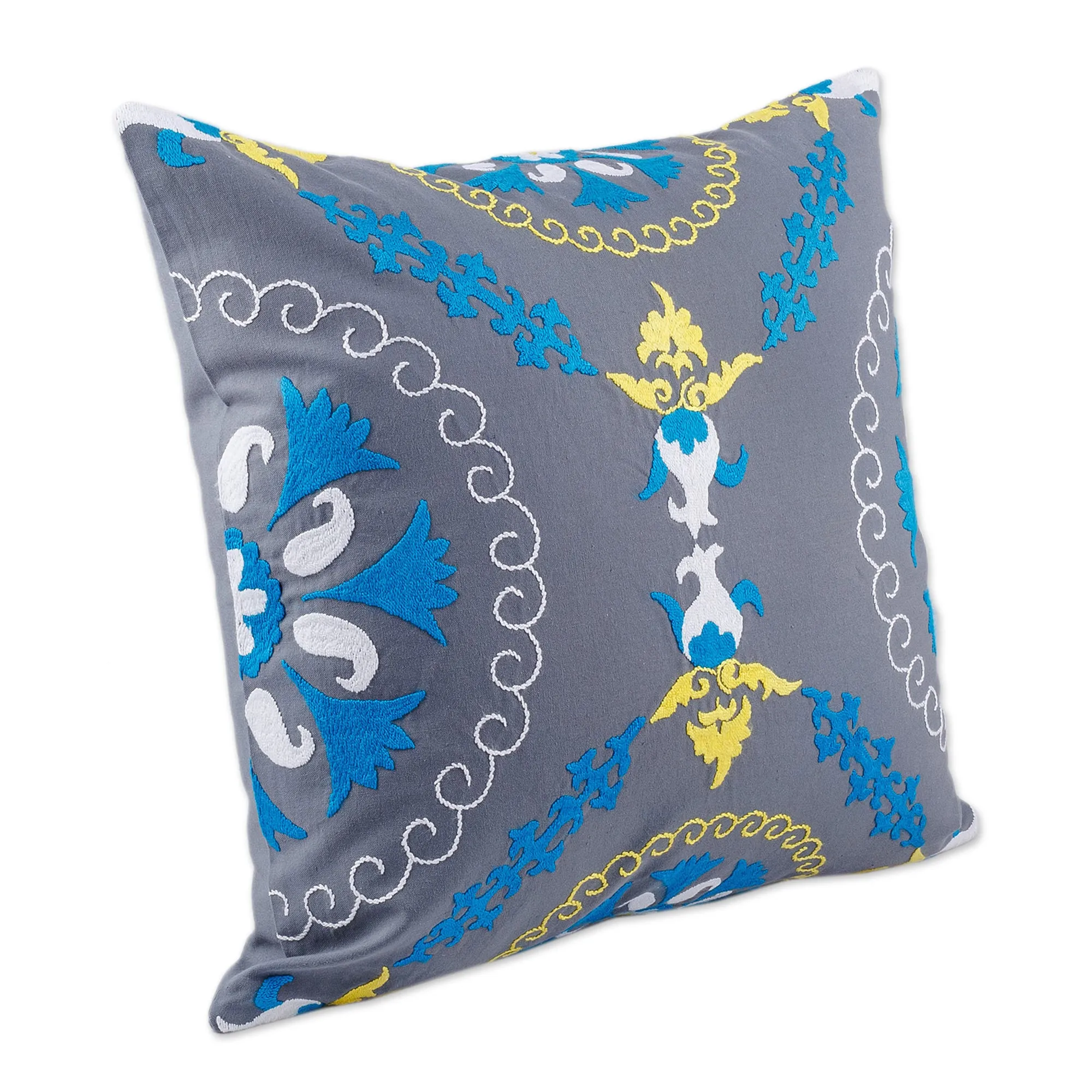 Hand-Embroidered Suzani Cotton Pomegranate Cushion Cover - Pomegranate on Grey | NOVICA