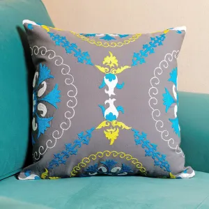 Hand-Embroidered Suzani Cotton Pomegranate Cushion Cover - Pomegranate on Grey | NOVICA