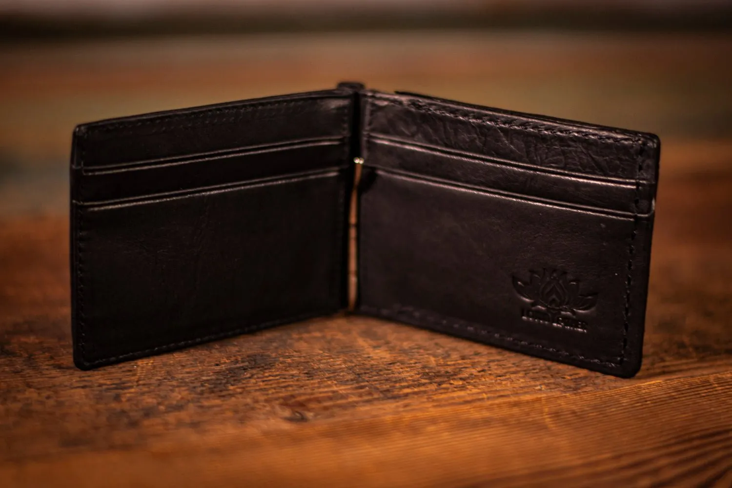 Handcrafted Full Grain Leather Money Clip Wallet - Mountain and Sacred Geometry Design - Rainbow Sunset and Black Minimalist Wallet