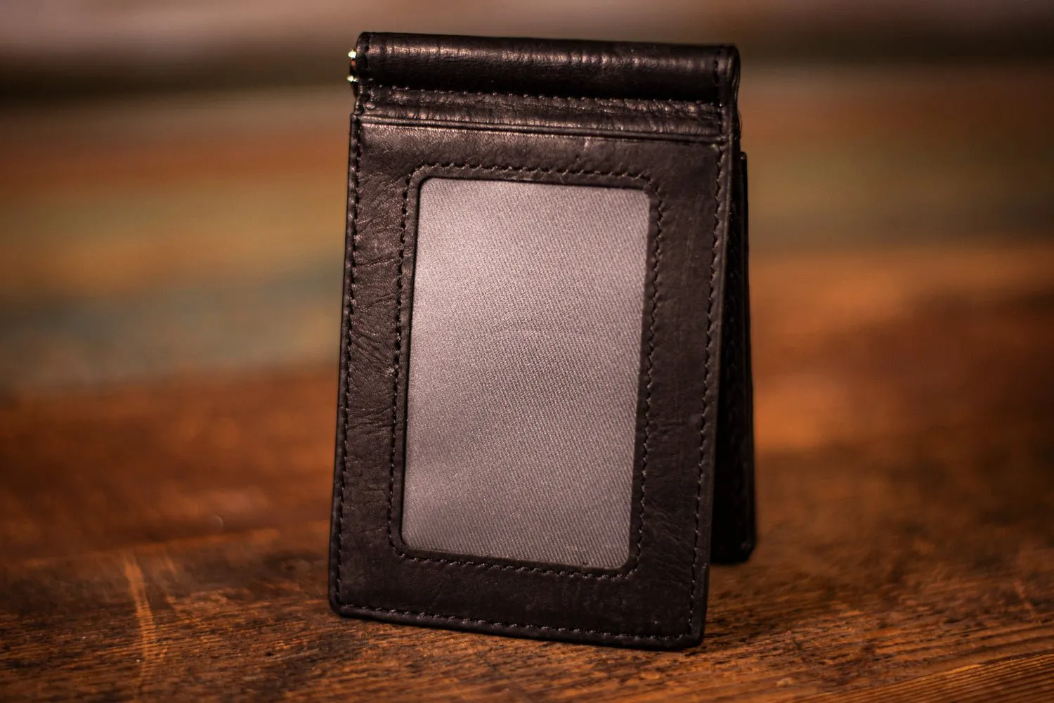 Handcrafted Full Grain Leather Money Clip Wallet - Mountain and Sacred Geometry Design - Rainbow Sunset and Black Minimalist Wallet