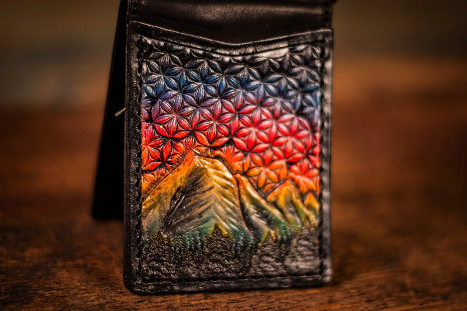 Handcrafted Full Grain Leather Money Clip Wallet - Mountain and Sacred Geometry Design - Rainbow Sunset and Black Minimalist Wallet