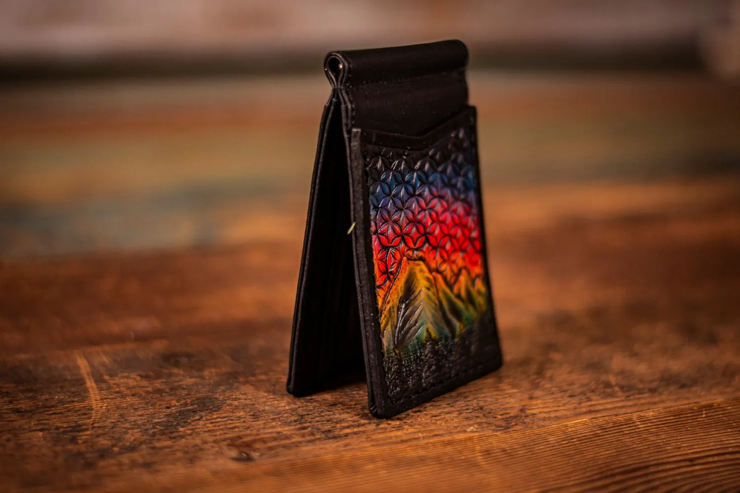Handcrafted Full Grain Leather Money Clip Wallet - Mountain and Sacred Geometry Design - Rainbow Sunset and Black Minimalist Wallet