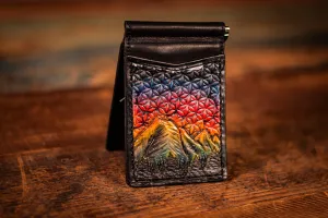 Handcrafted Full Grain Leather Money Clip Wallet - Mountain and Sacred Geometry Design - Rainbow Sunset and Black Minimalist Wallet