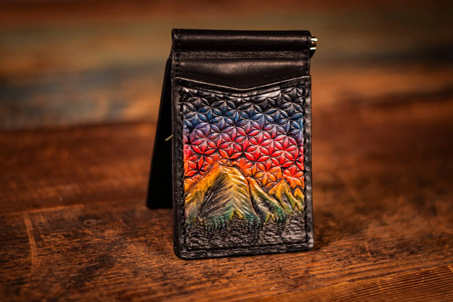 Handcrafted Full Grain Leather Money Clip Wallet - Mountain and Sacred Geometry Design - Rainbow Sunset and Black Minimalist Wallet
