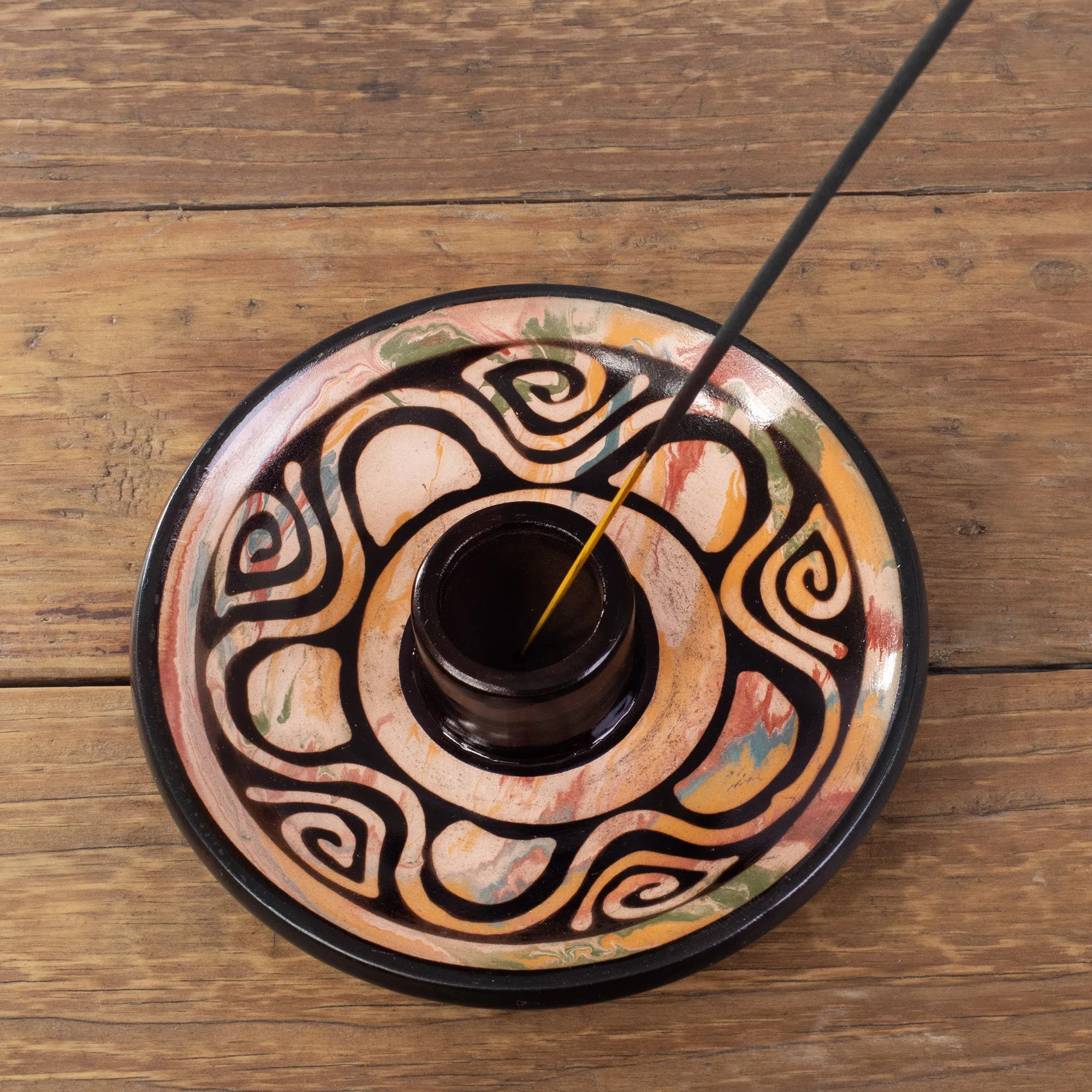 Handcrafted Round Ceramic Incense Holder in Warm Hues - Vicús Spirit | NOVICA