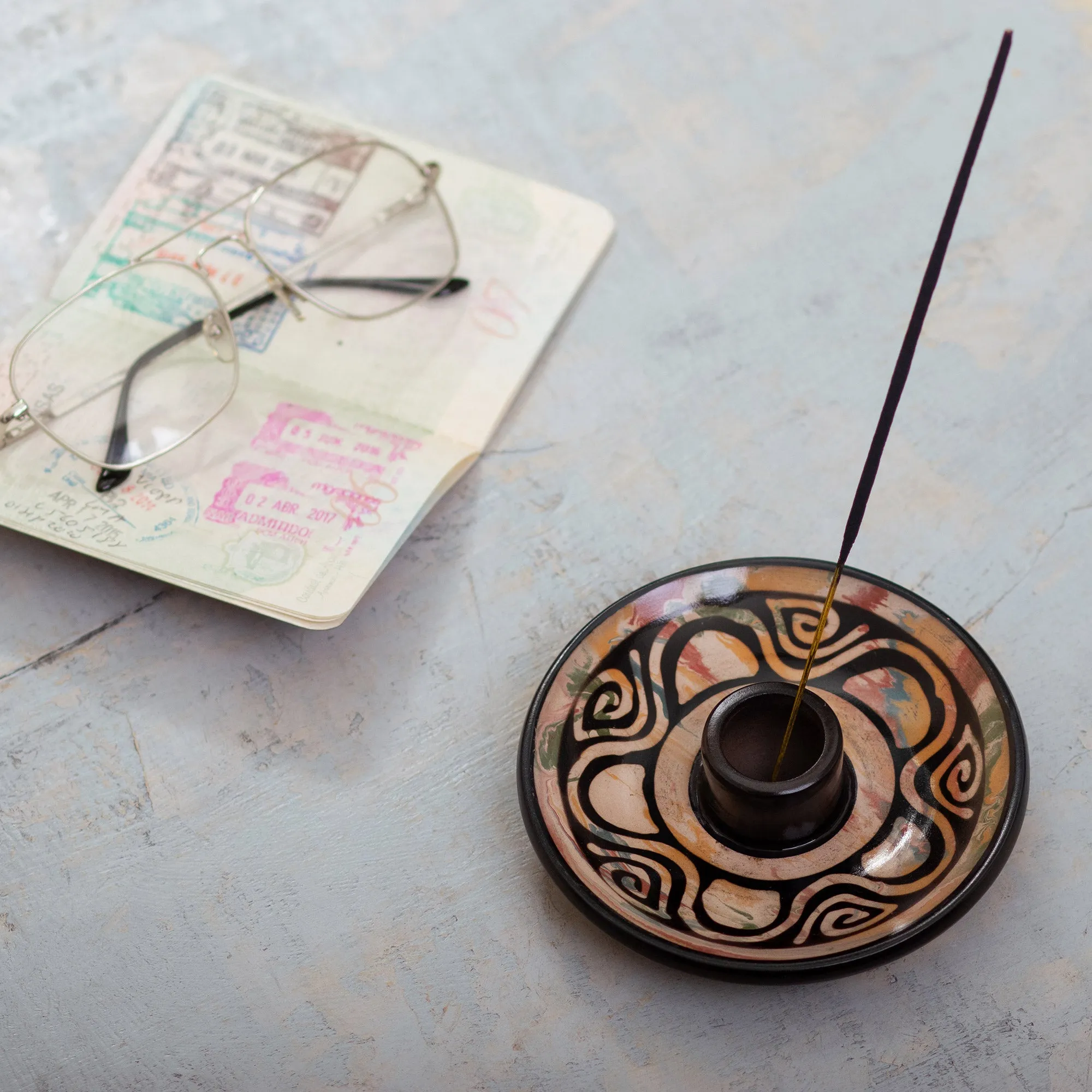 Handcrafted Round Ceramic Incense Holder in Warm Hues - Vicús Spirit | NOVICA