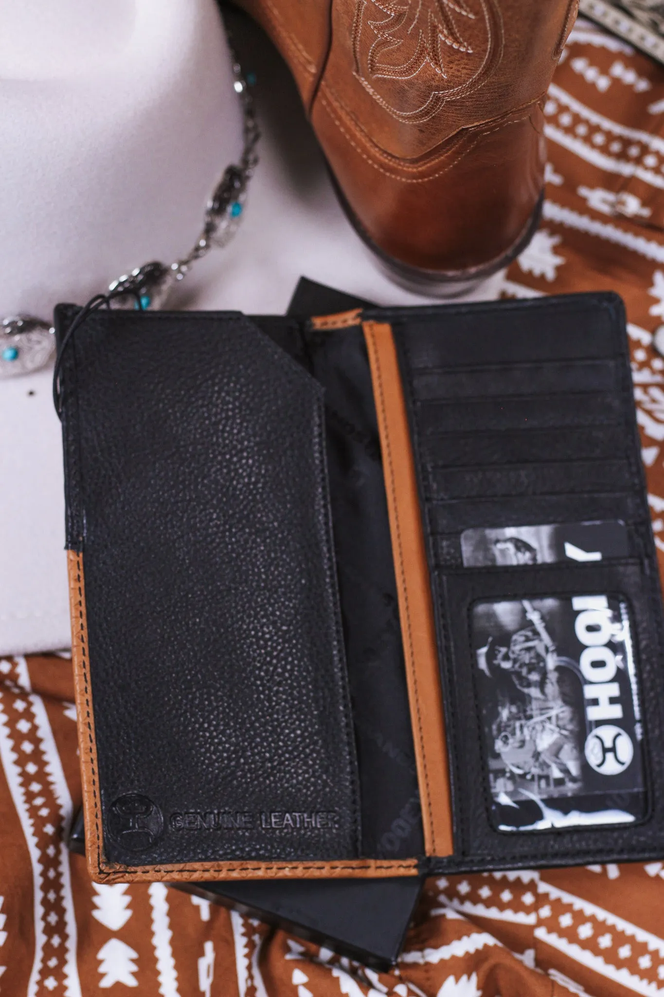 Hands Up Basket Weave Rodeo Hooey Wallet Brown W/Black Leather