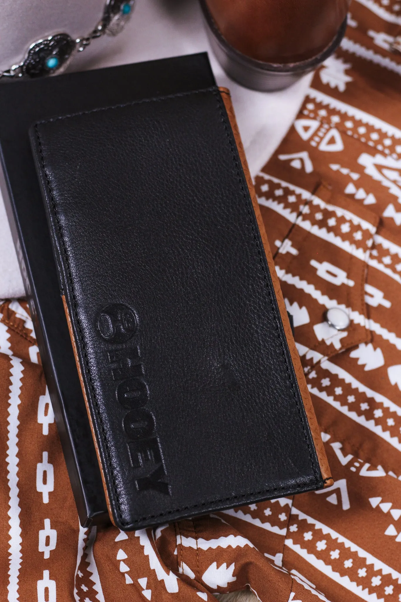 Hands Up Basket Weave Rodeo Hooey Wallet Brown W/Black Leather