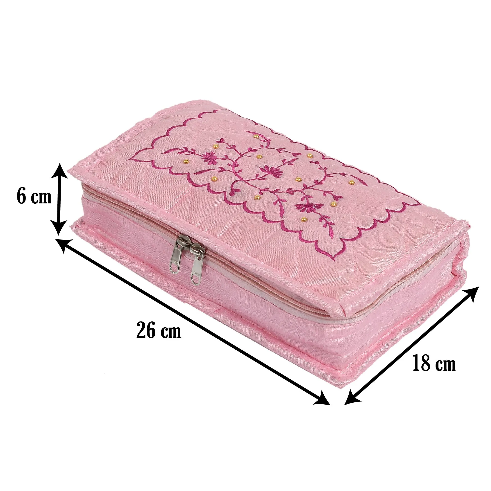 Heart Home Embroidery Design Portable Jewellery Organizer With 6 Tranasparent Pockets For Keeps Your Jewellery,Earrings, Pendants Organized And Secure (Pink)