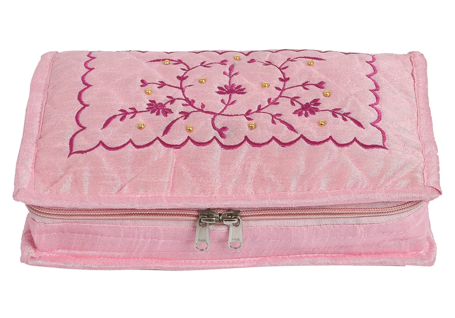 Heart Home Embroidery Design Portable Jewellery Organizer With 6 Tranasparent Pockets For Keeps Your Jewellery,Earrings, Pendants Organized And Secure (Pink)