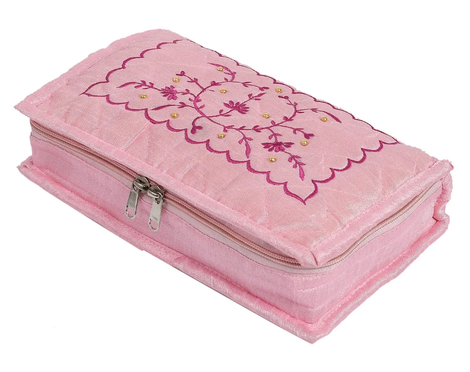 Heart Home Embroidery Design Portable Jewellery Organizer With 6 Tranasparent Pockets For Keeps Your Jewellery,Earrings, Pendants Organized And Secure (Pink)